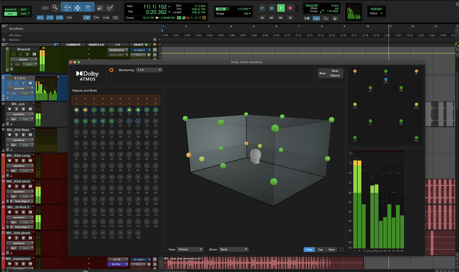 Pro Tools Dolby Atmos session with the Dolby Atmos Renderer