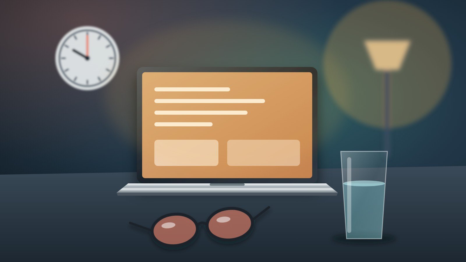A laptop with a warm screen filter, tinted glasses, a glass of water and a dimmed lamp