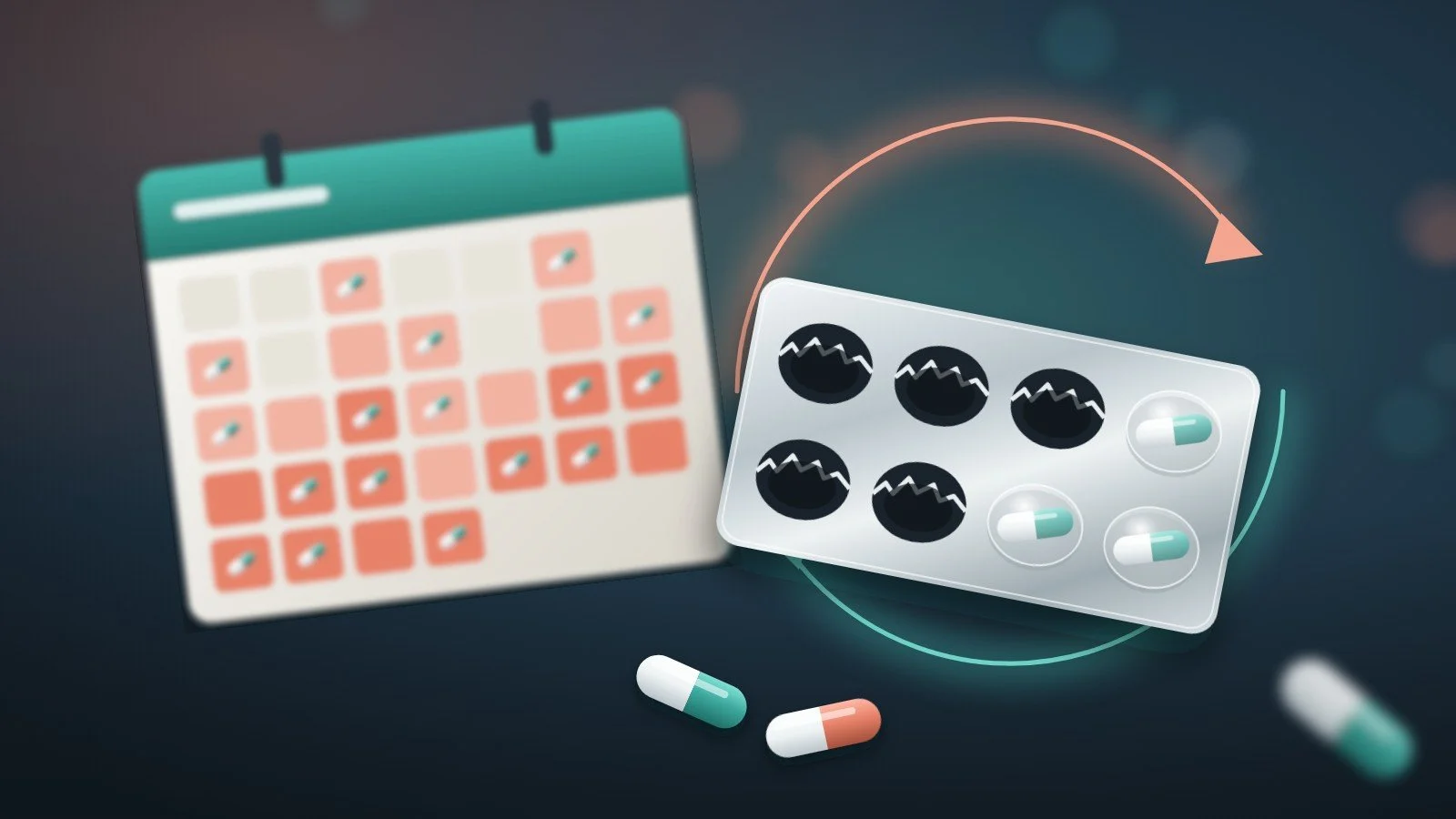 A half-empty blister pack and a calendar filling up with medication days, forming a cycle