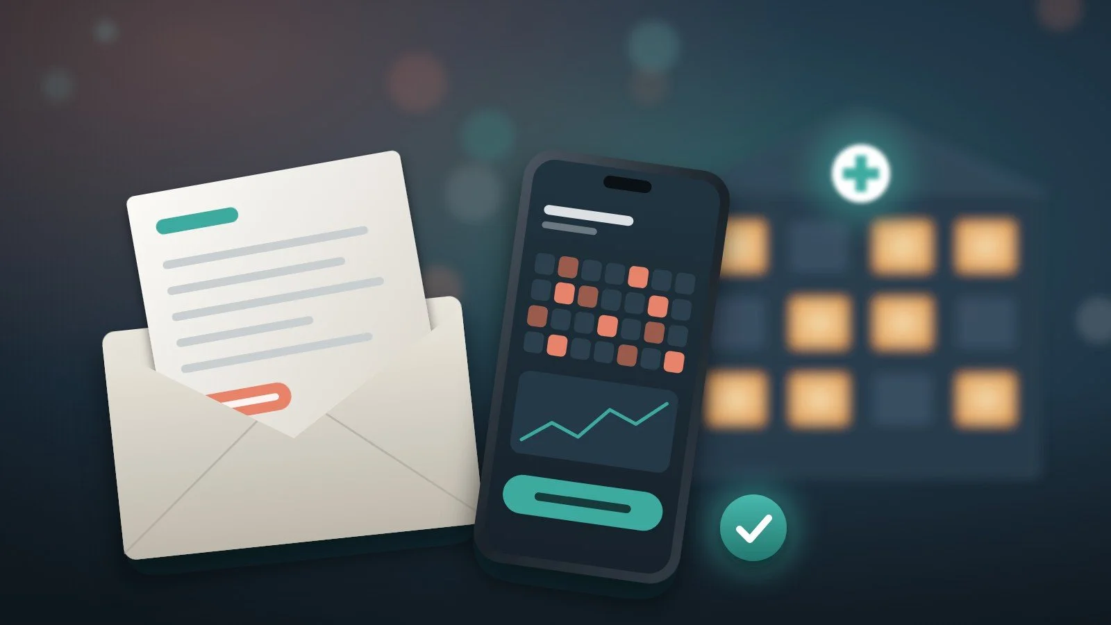A referral letter, a phone showing a headache diary and a clinic in the background
