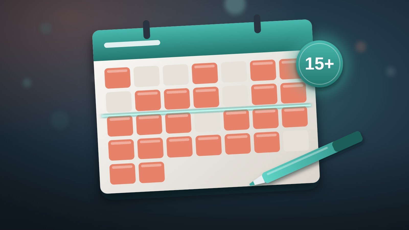 A calendar filling with headache days, with a 15+ badge and a highlighter