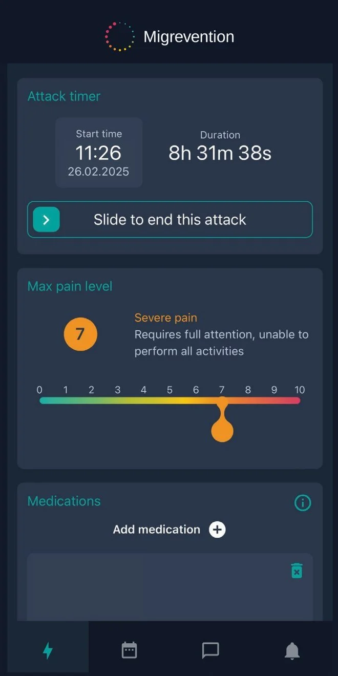 Logging a headache attack in the Migrevention Headache App: attack timer, pain level 7 and medications