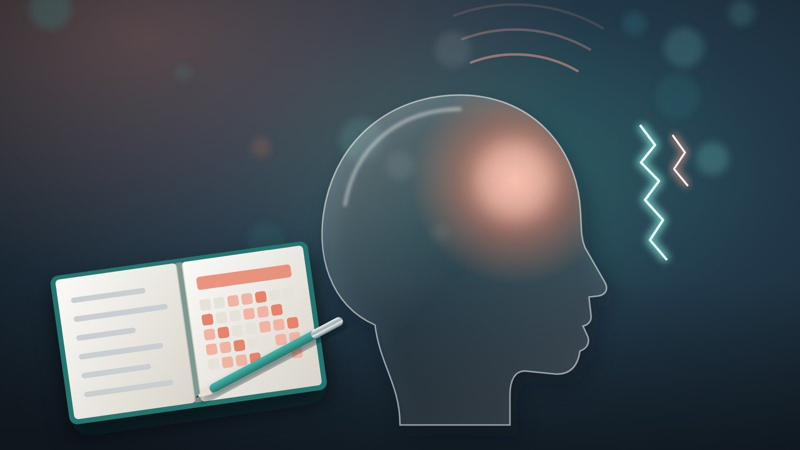 A glass head in profile with a glow on one side and aura zigzags, next to an open headache diary