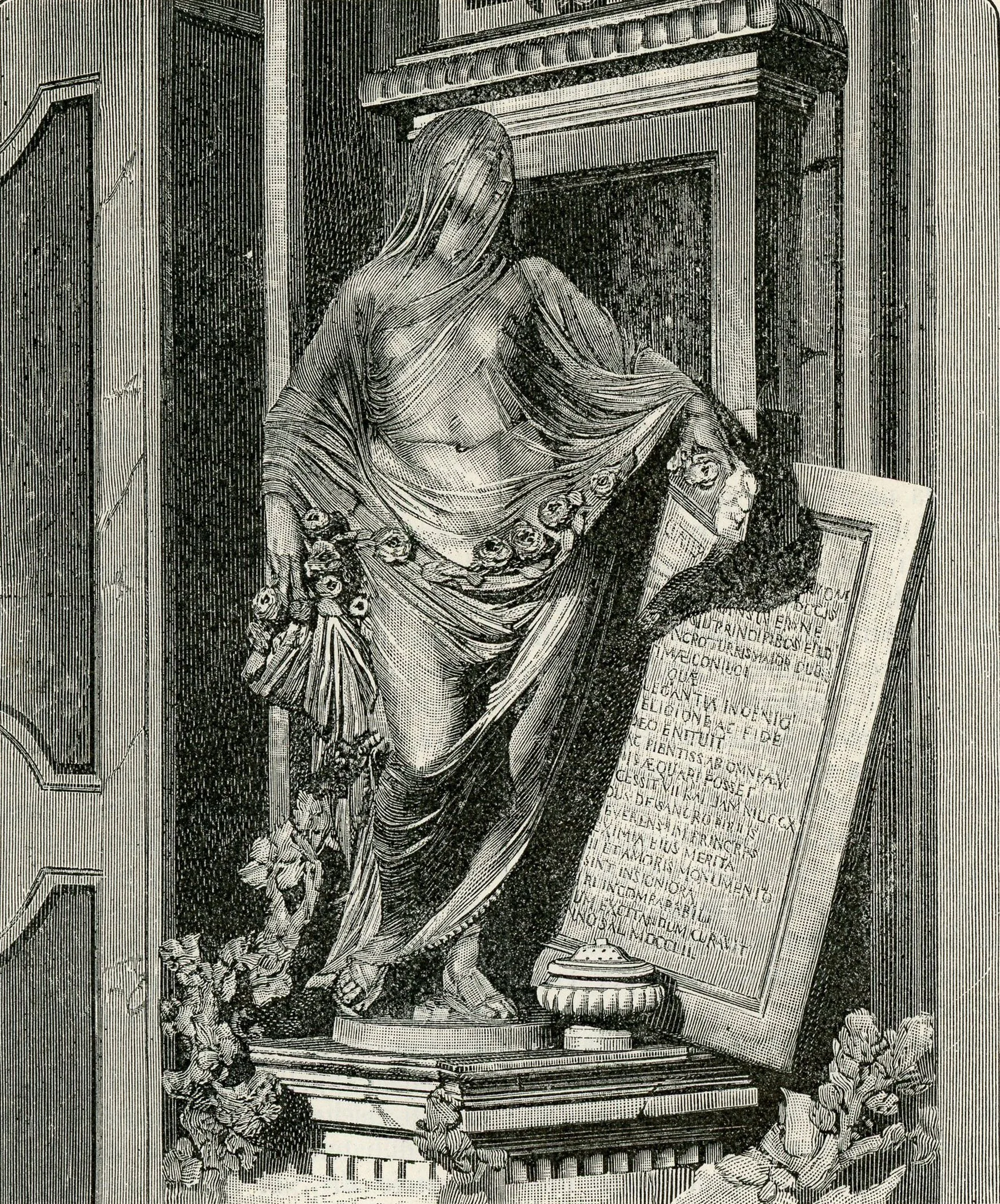 Historical engraving of Corradini’s veiled figure Pudicizia