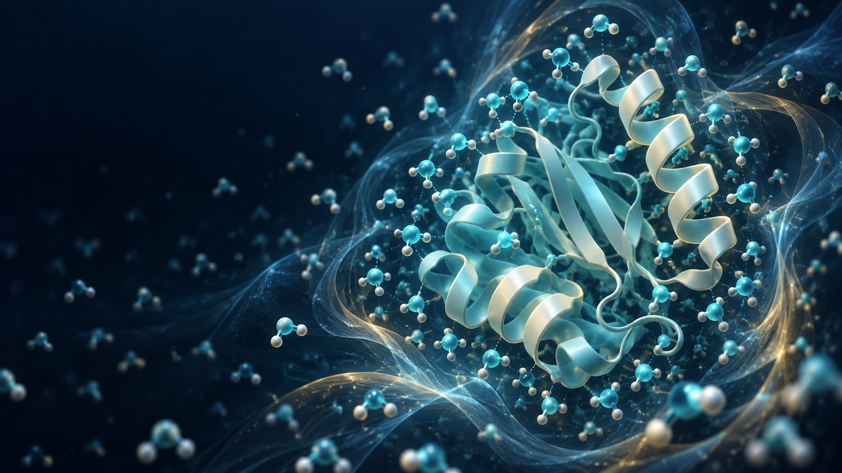 Conceptual protein ribbon surrounded by a hydration shell of water molecules