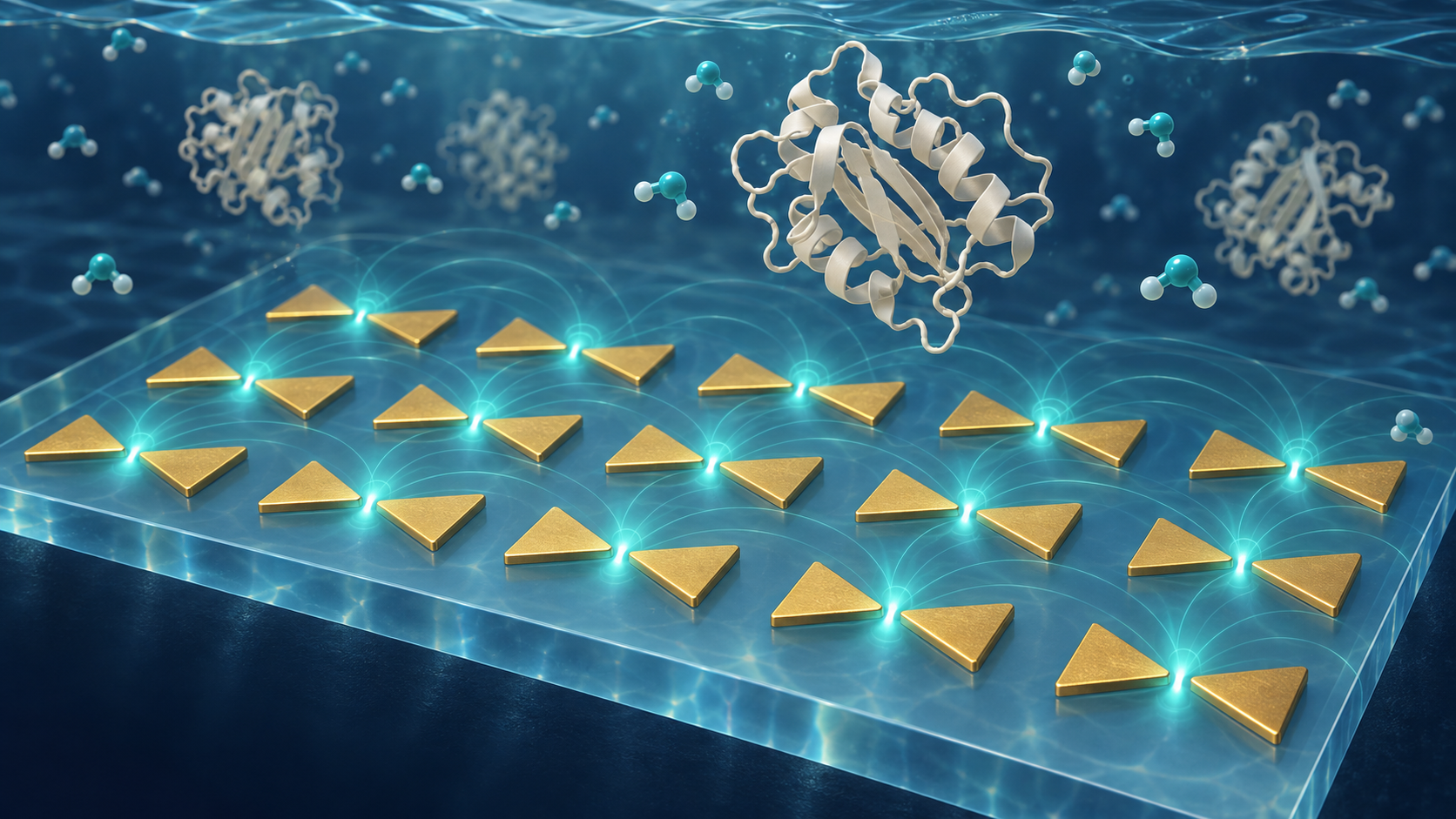 Conceptual gold bowtie nanoantenna array with enzymes suspended in the water above it