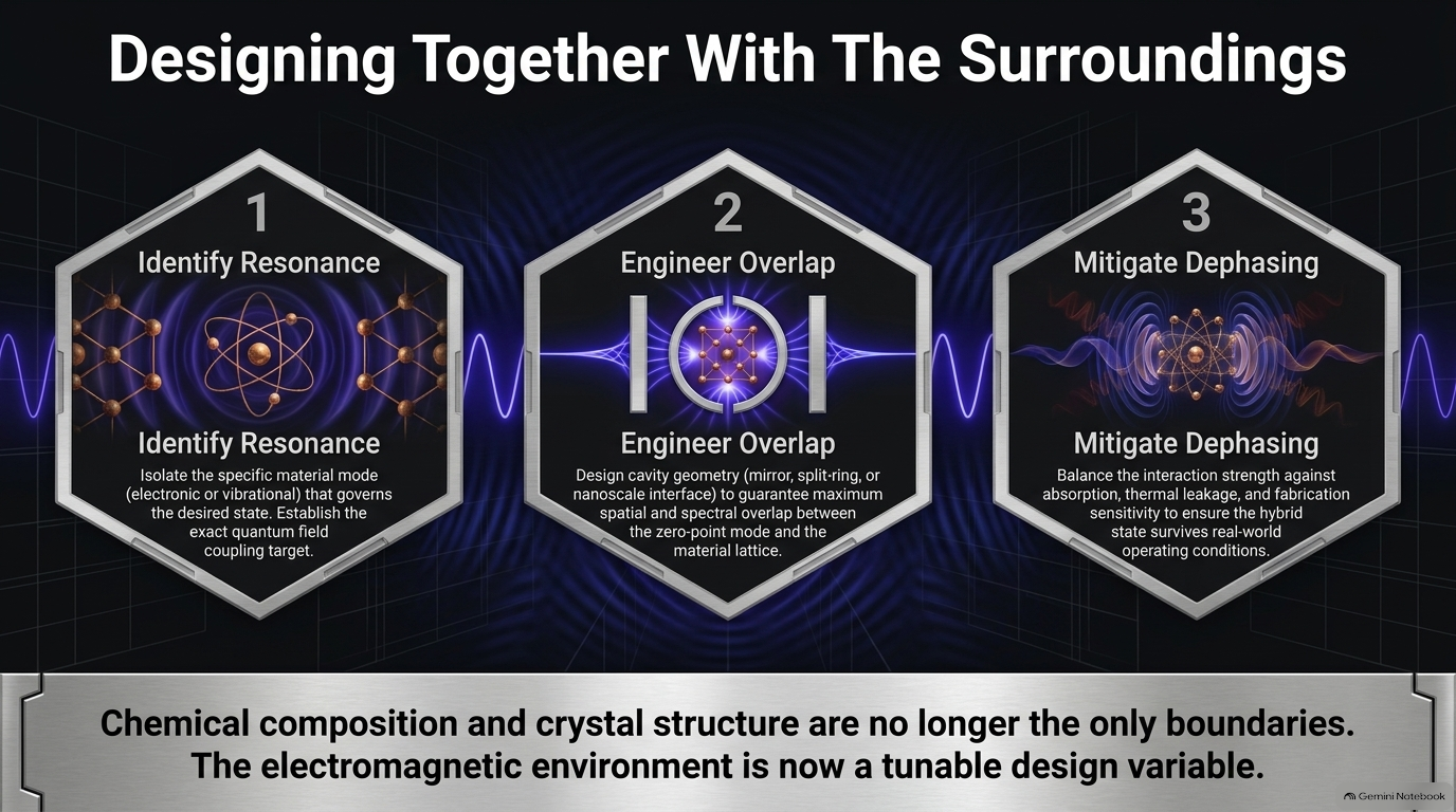 Three illustrated design considerations: identify a material resonance, engineer overlap with cavity modes, and mitigate dephasing.