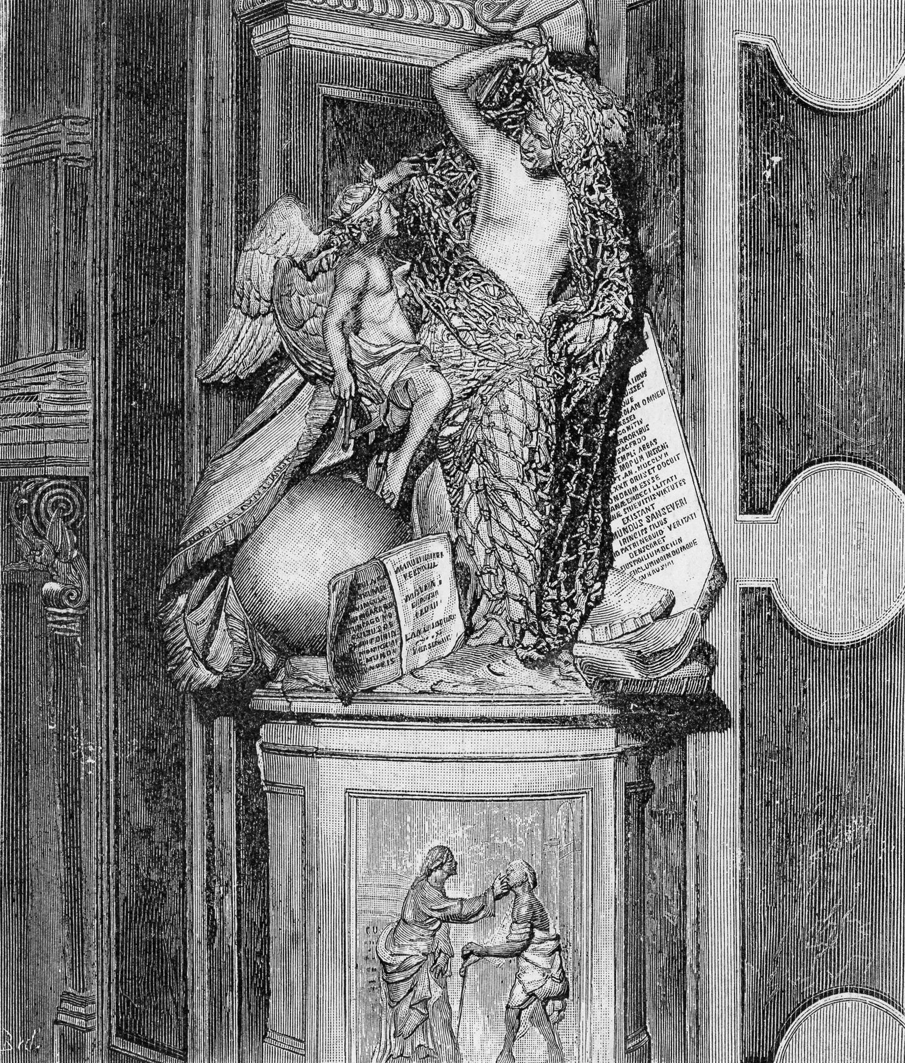 Historical engraving of Queirolo’s Disinganno, a figure emerging from a net