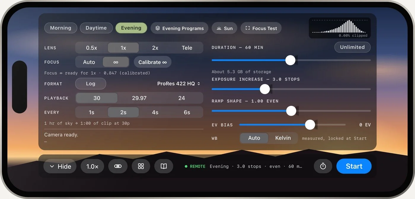 The CloudsForever control panel on an iPhone held sideways, over a sunset sky, with the bottom bar beneath