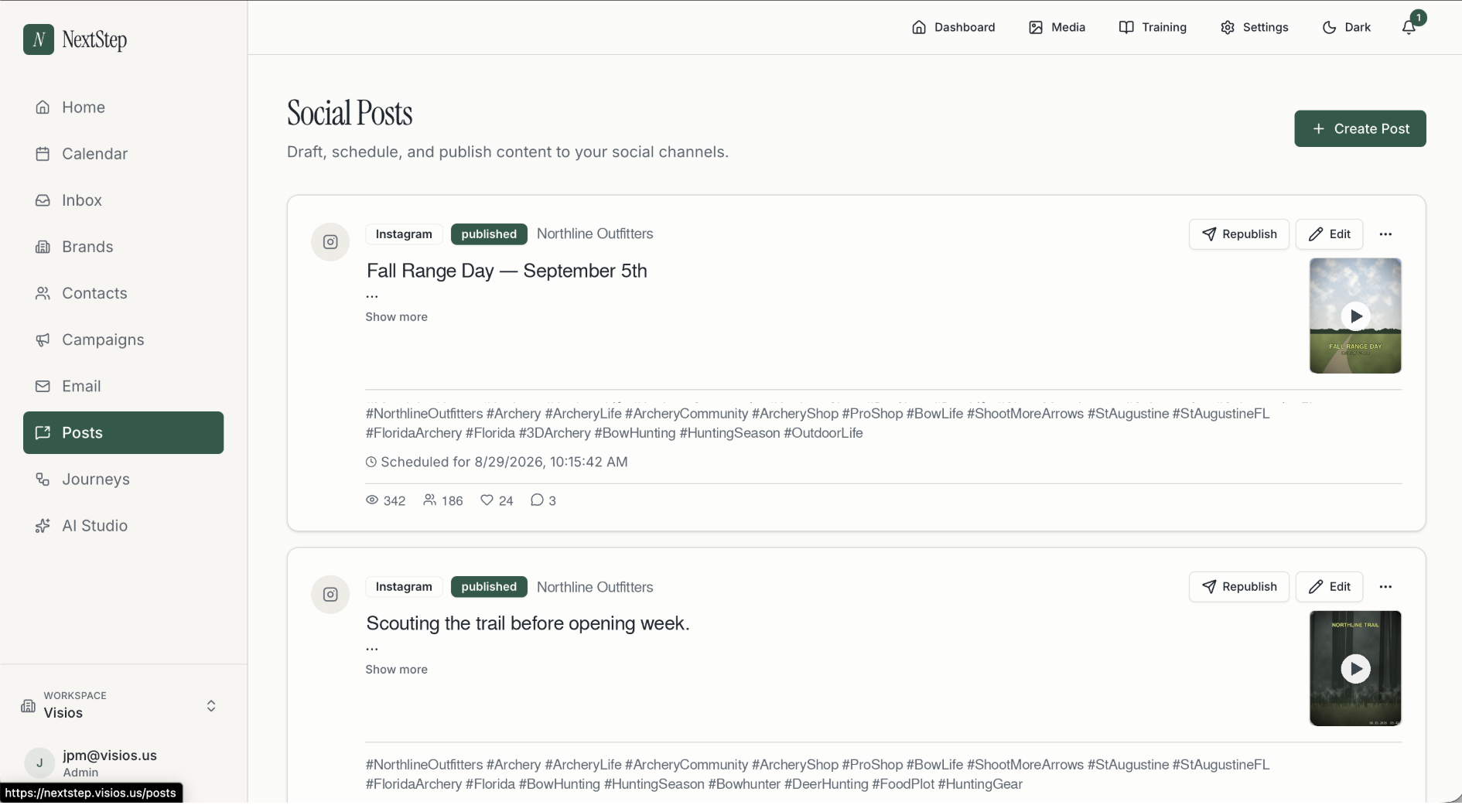 A social media calendar and email campaign managed in one workspace