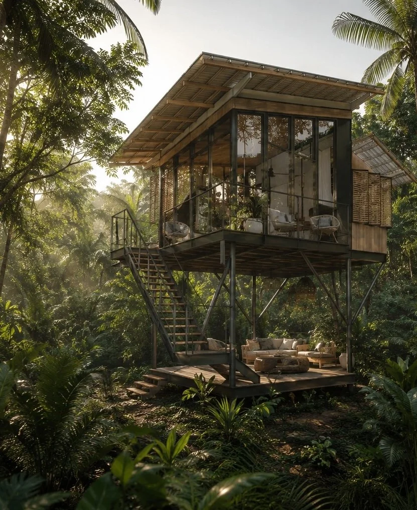 Tropical pavilion elevated among palms