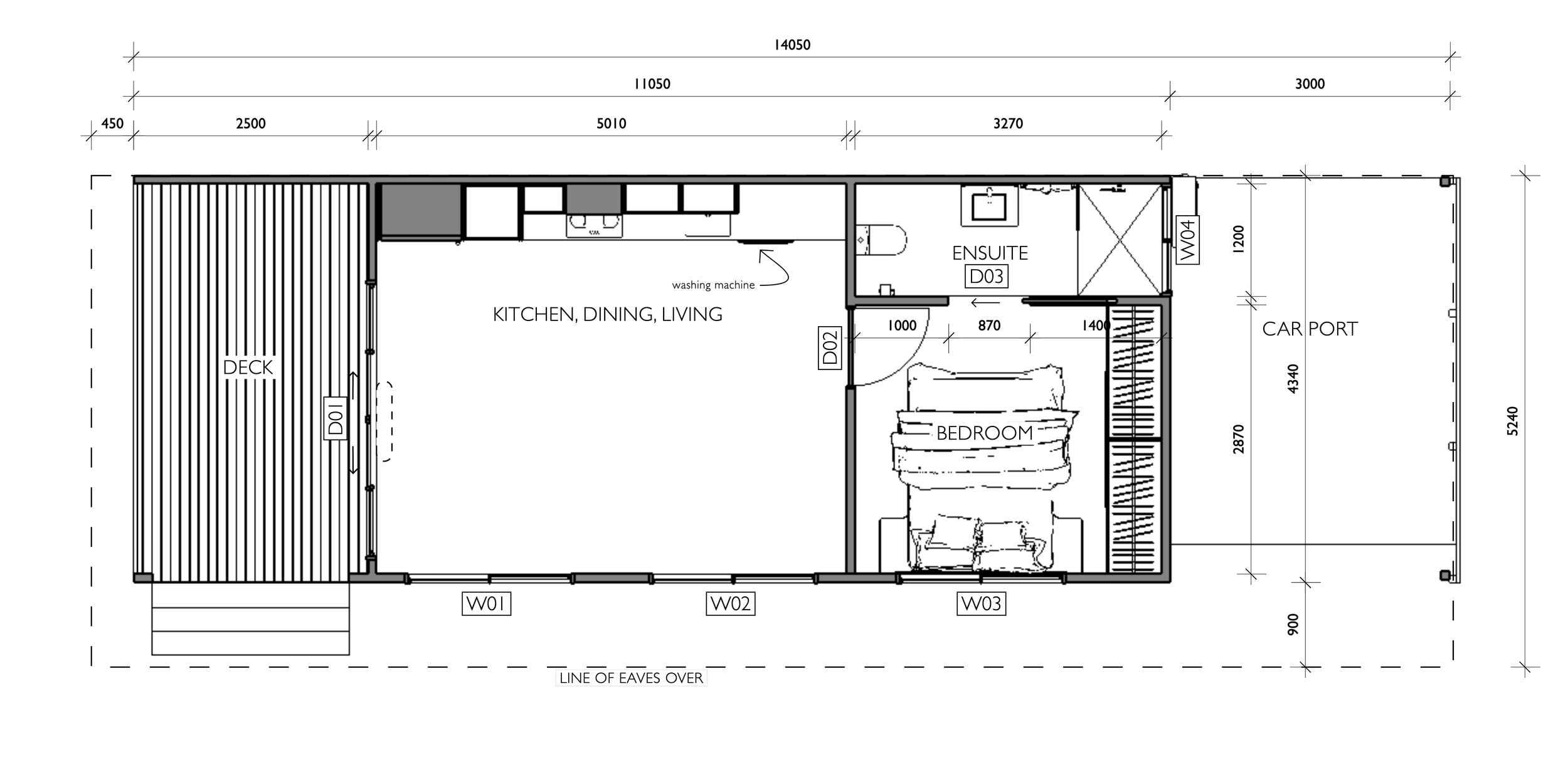 Clean floor plan of the McGregor one-bedroom dwelling