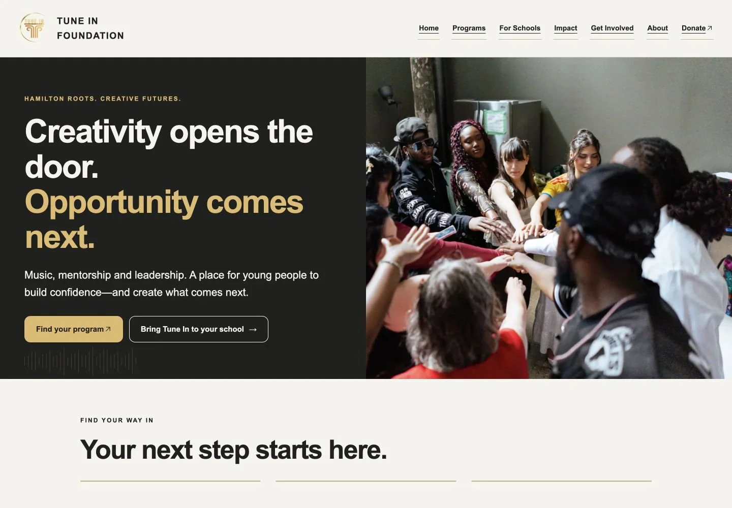 Current Tune In Foundation homepage, captured October 5, 2026