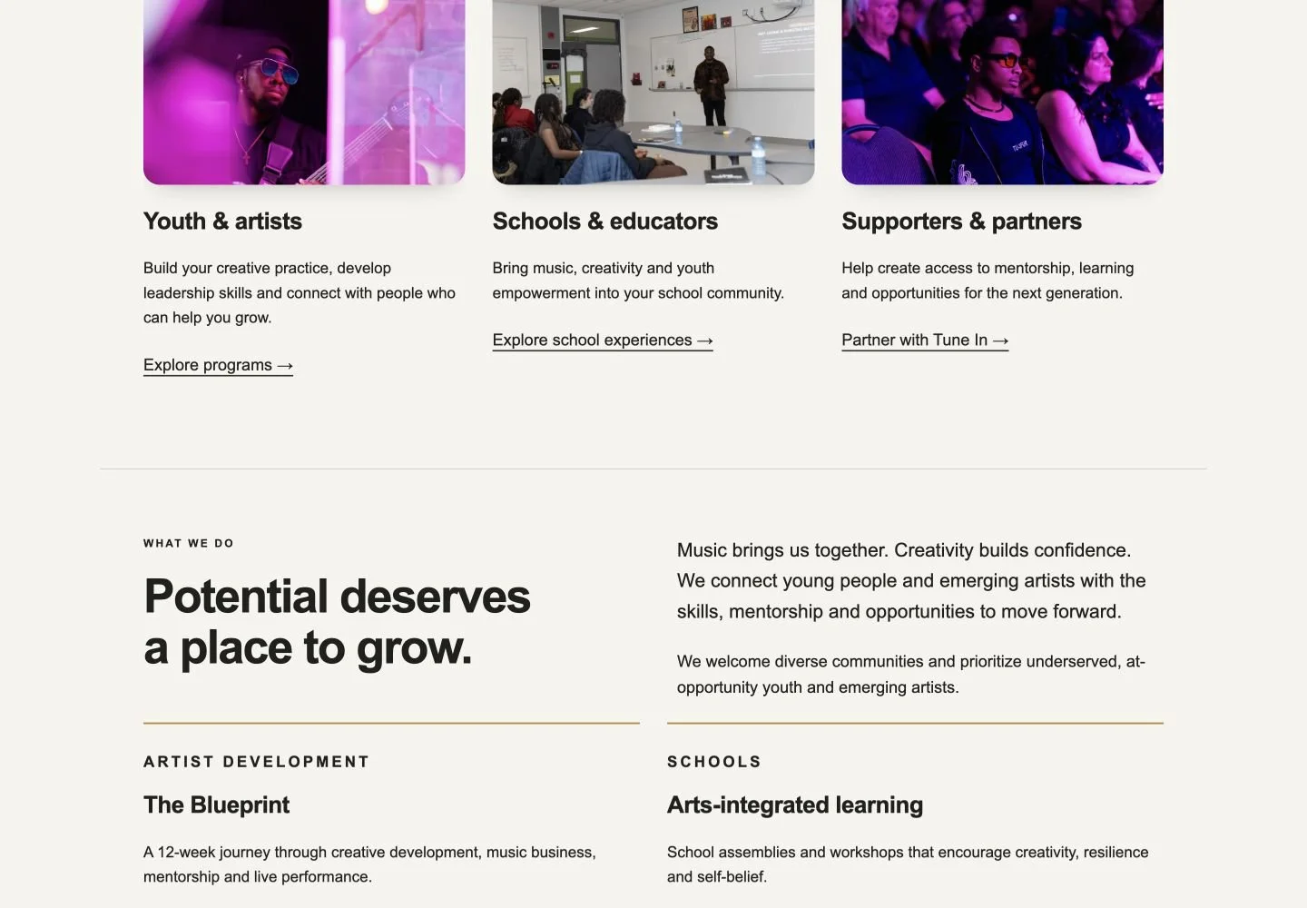 Tune In Foundation website content section showing the current information hierarchy