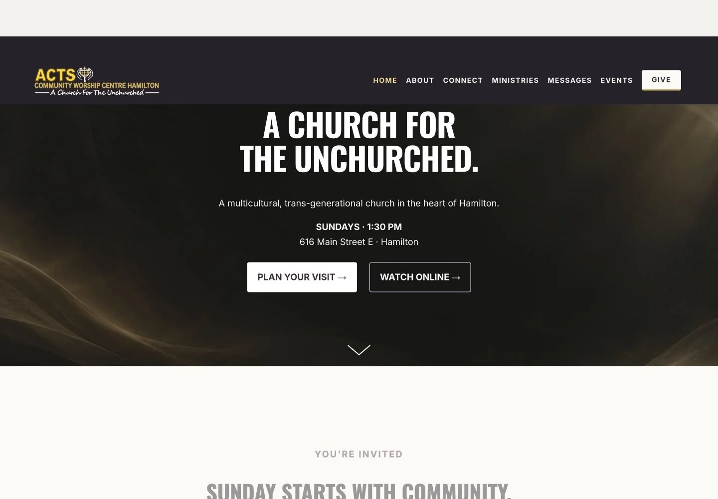 Current ACTS Community Worship Center homepage, captured October 5, 2026