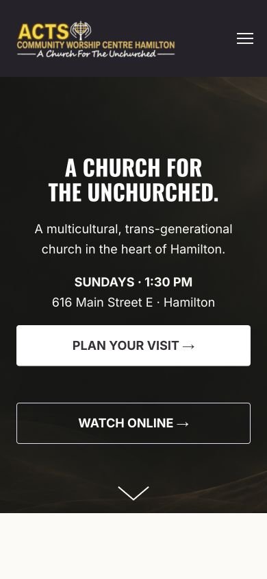 Current ACTS Community Worship Center responsive mobile homepage
