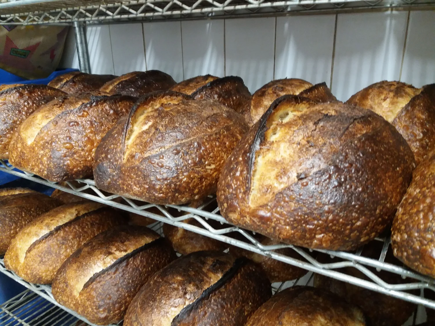 Sourdough, baguette and a scored loaf on a board