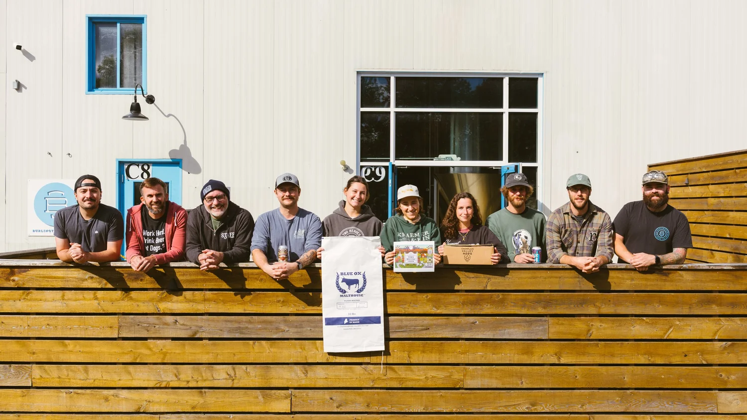 Brewers and industry partners together outside the Williston brewery on the Town Meeting Lager brew day.