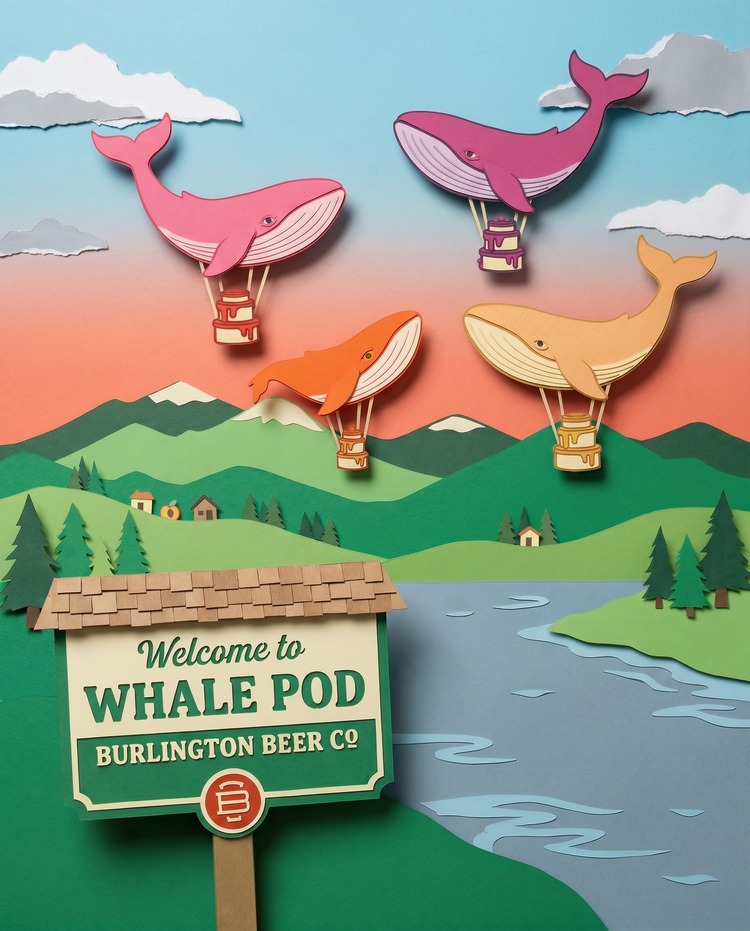 Whale Pod campaign artwork: Whale balloon landscape illustration