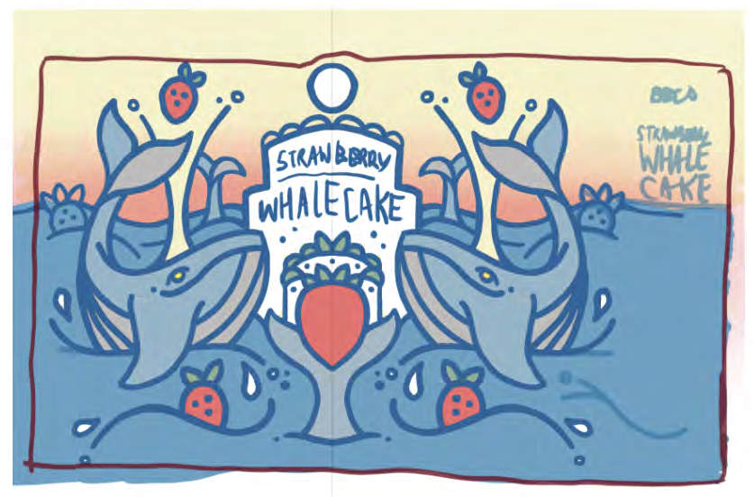 Strawberry Whale Cake: Revised concept sketch, artwork by Tim Fealey