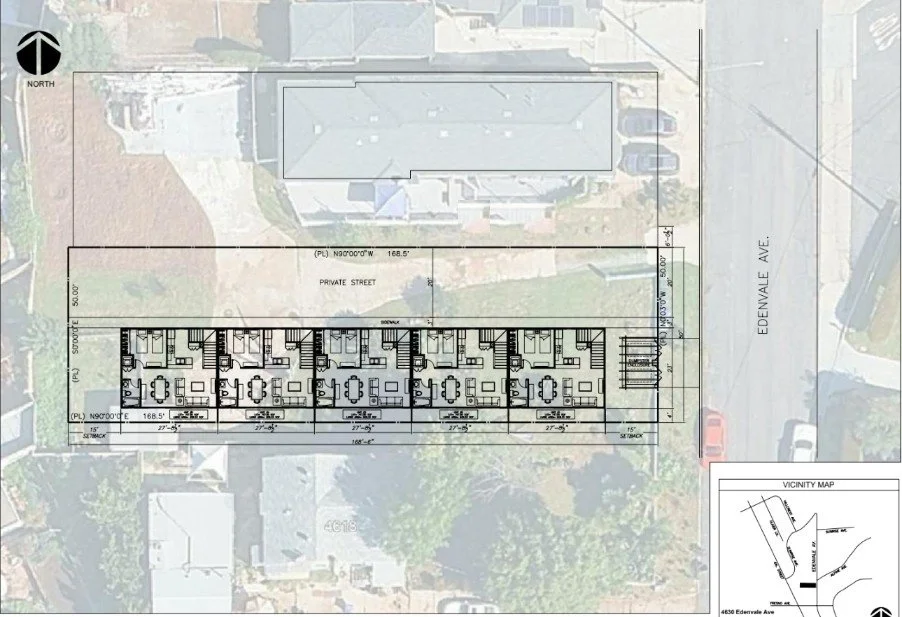 SB-1123 site plan for five townhomes at 4628 Edenvale Ave, La Mesa