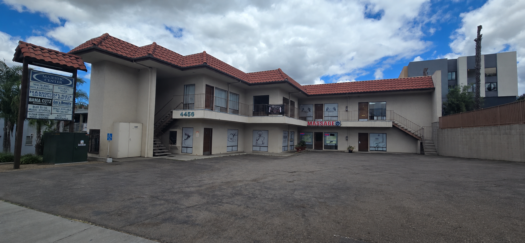 Front of the office and retail building at 4456 Vandever Ave in San Diego