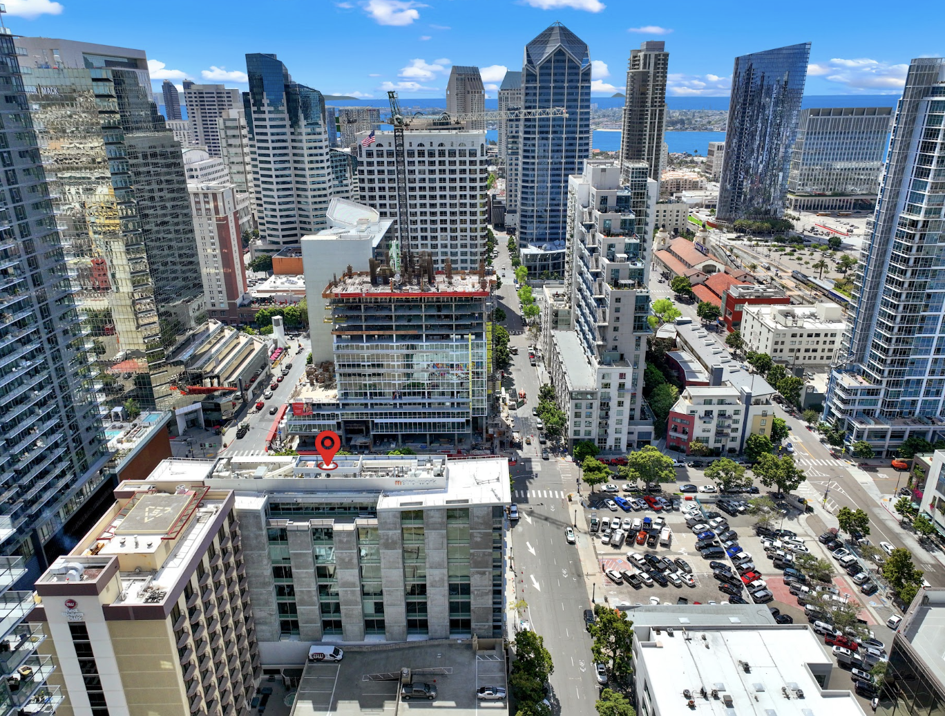 Aerial view of downtown San Diego with the MetroWork building at 1350 Columbia Street marked