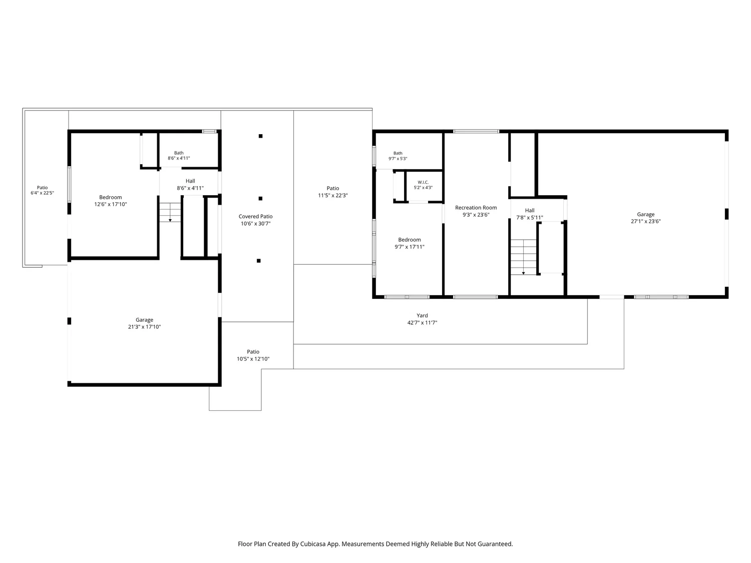 First floor plan of 429 and 433 Nautilus St: two bedrooms, recreation room, two garages, covered patio, patios and yard