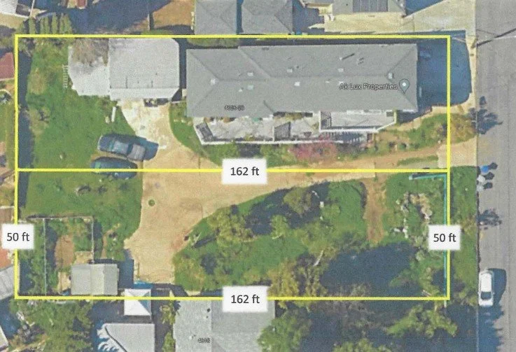 Aerial of the Edenvale Ave duplex and adjacent development lot in La Mesa