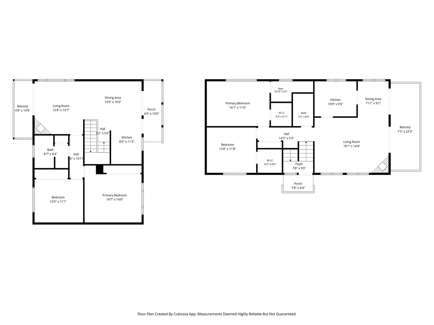 Second floor plan of 429 and 433 Nautilus St: two residences, each with living room, dining area, kitchen, bedrooms and balcony