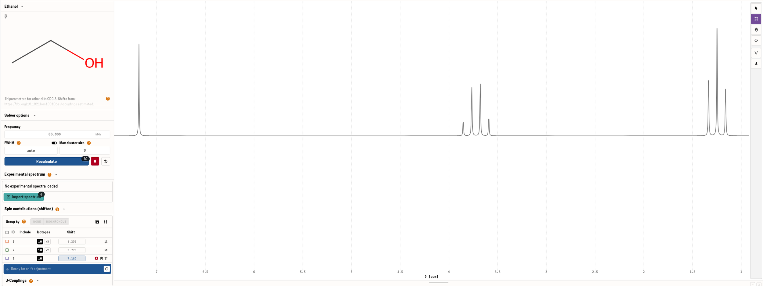 HQSpectrum-simulated ¹H NMR spectrum of ethanol at 80 MHz, showing three separated signal regions
