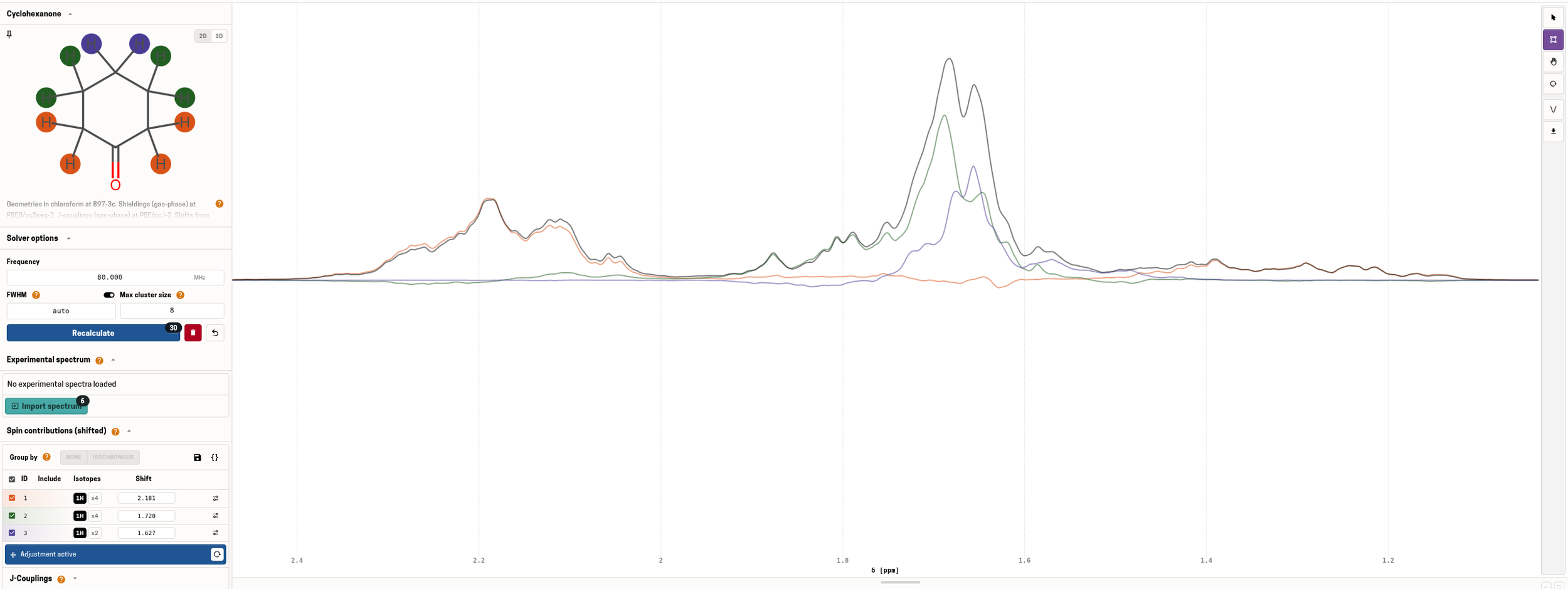 Color-coded spin contributions for cyclohexanone at 80 MHz, showing selected nuclei within overlapping simulated signals
