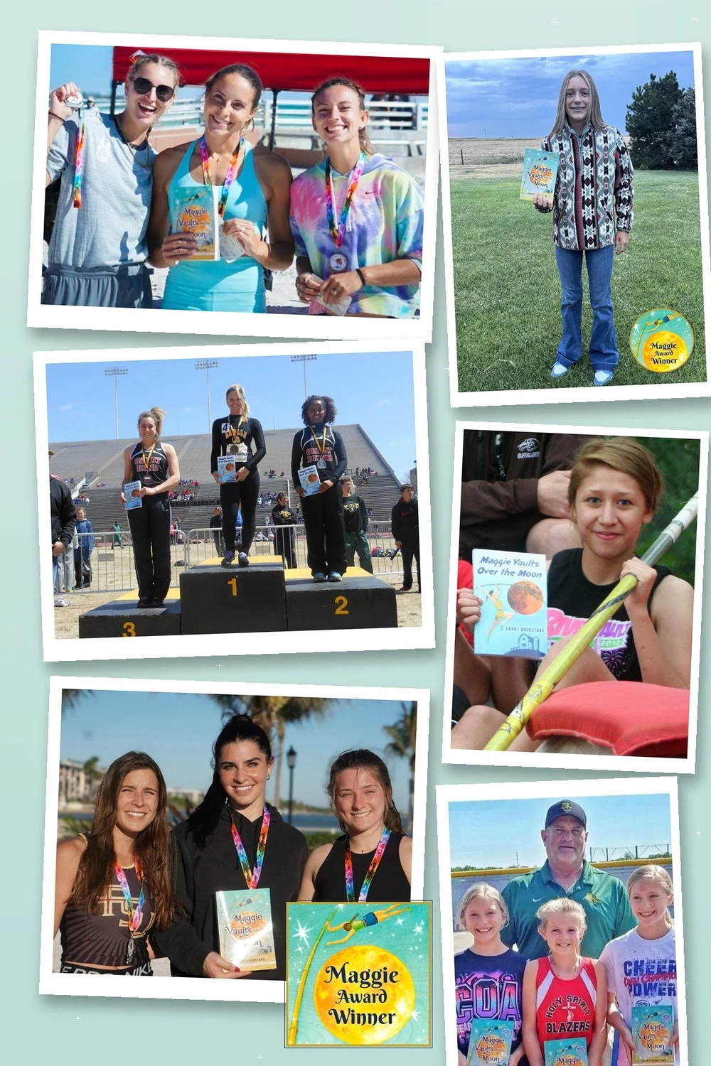 Collage of pole vault award winners and their Maggie Awards books