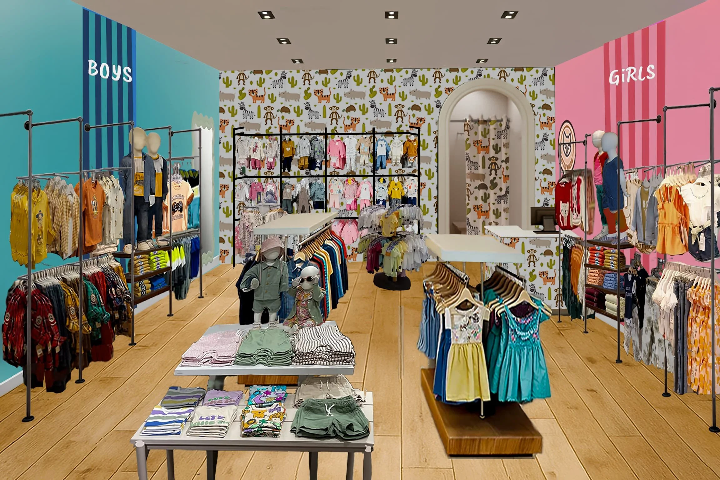 Kidswear store before: plain bays, standard fixtures, minimal signage