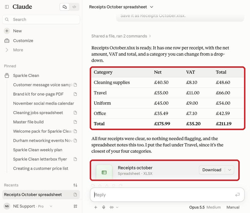 A receipts spreadsheet made by Claude during Lesson 5