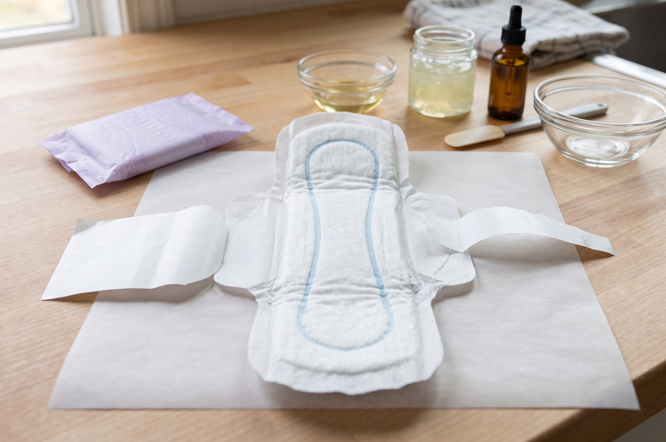 Disposable sanitary napkin unfolded before preparing a homemade padsicle