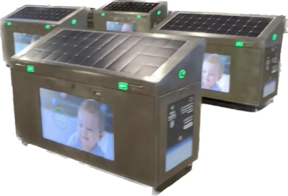 Two stainless-steel Solar Wi-Fi Eco Bin® units with solar roofs and digital screens