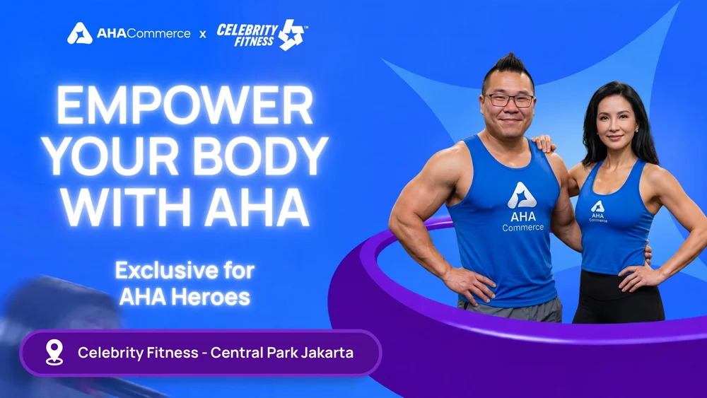 Poster kemitraan AHA Commerce dengan Celebrity Fitness Central Park Jakarta