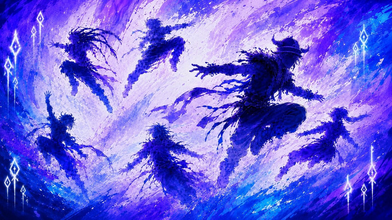 Illustrated concept art of The Driftlands performers moving through an icy blue world
