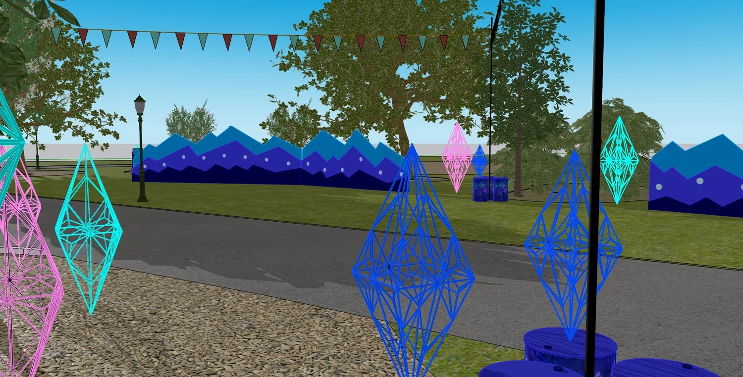 Digital model showing glowing geometric forms, barrels and mountain walls