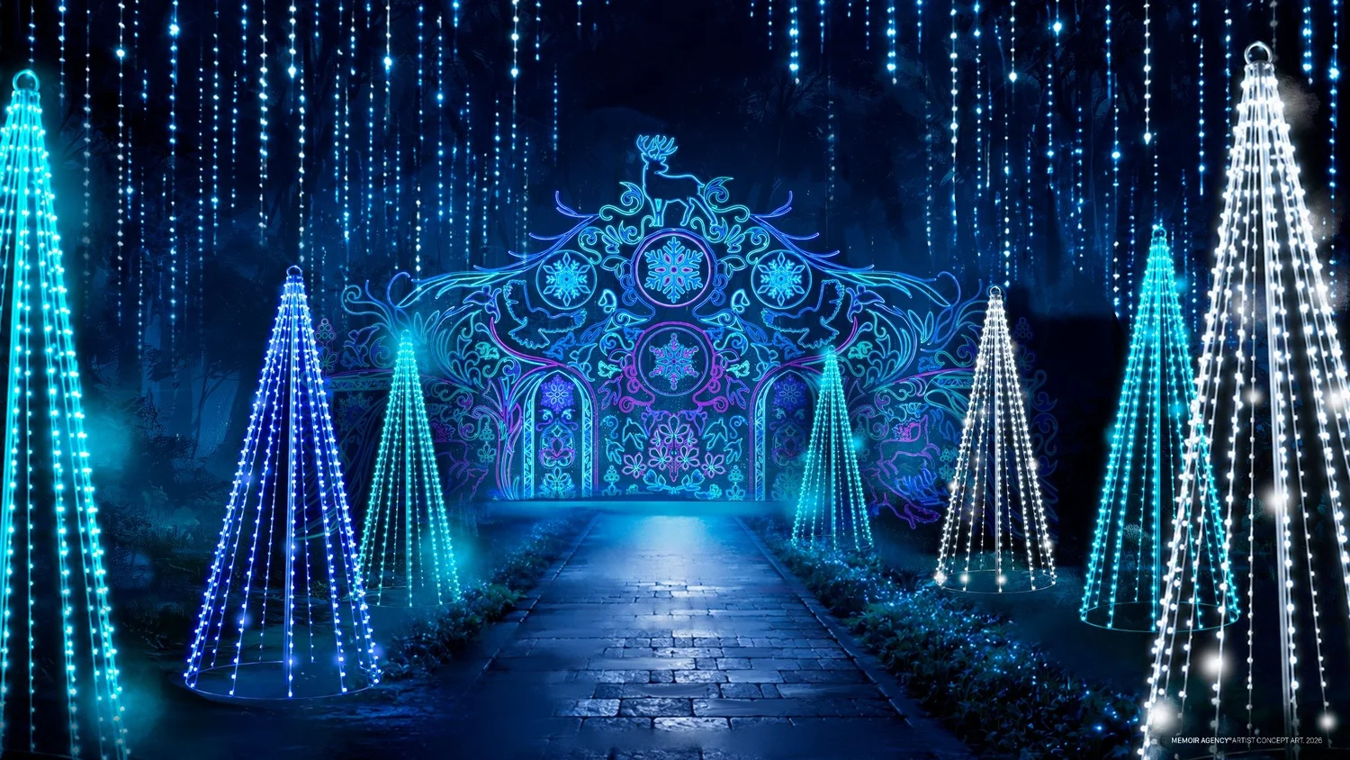 Artist-created concept art of an icy blue pathway leading toward an illuminated Arctic wildlife mural