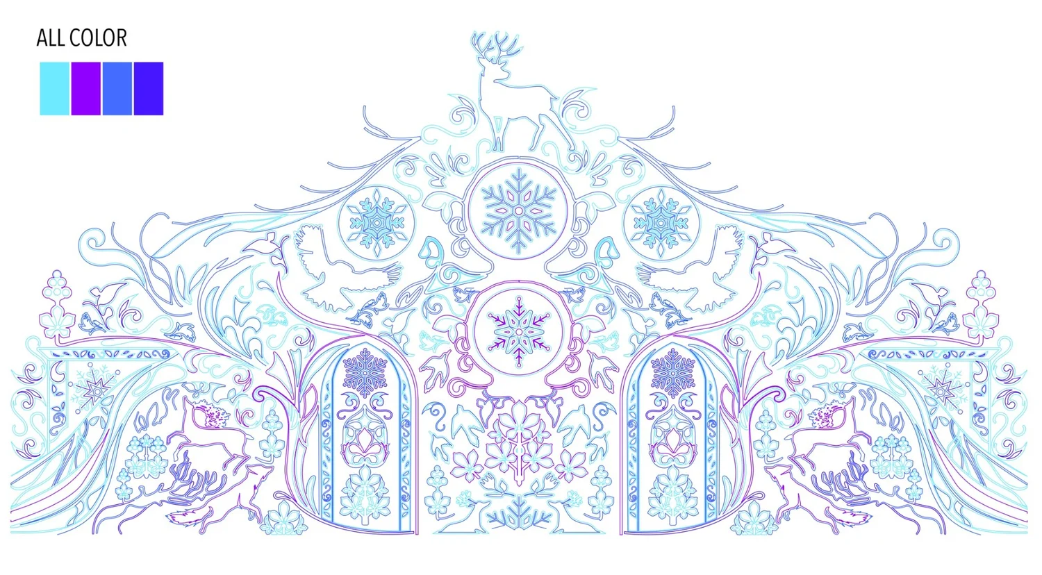 Color-coded technical drawing assigning cyan, violet and blue to the mural