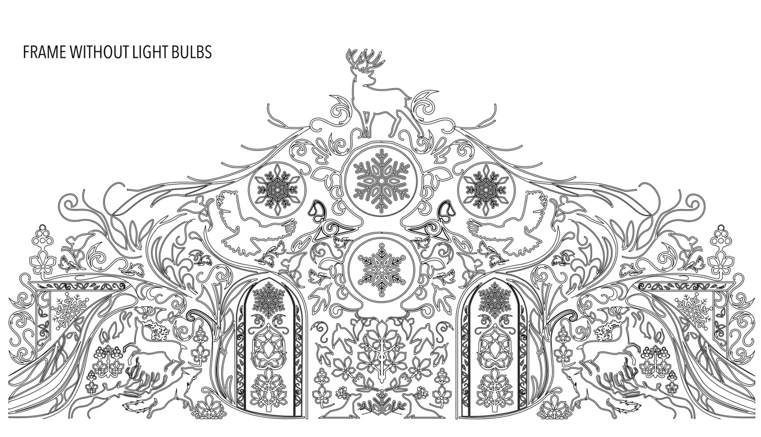 Detailed black line drawing of the Arctic wildlife mural before lights are added