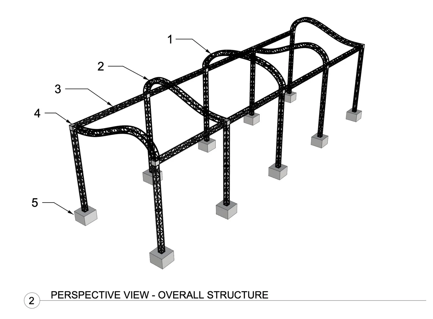 Perspective technical drawing of the complete Poinsettia Promenade support structure