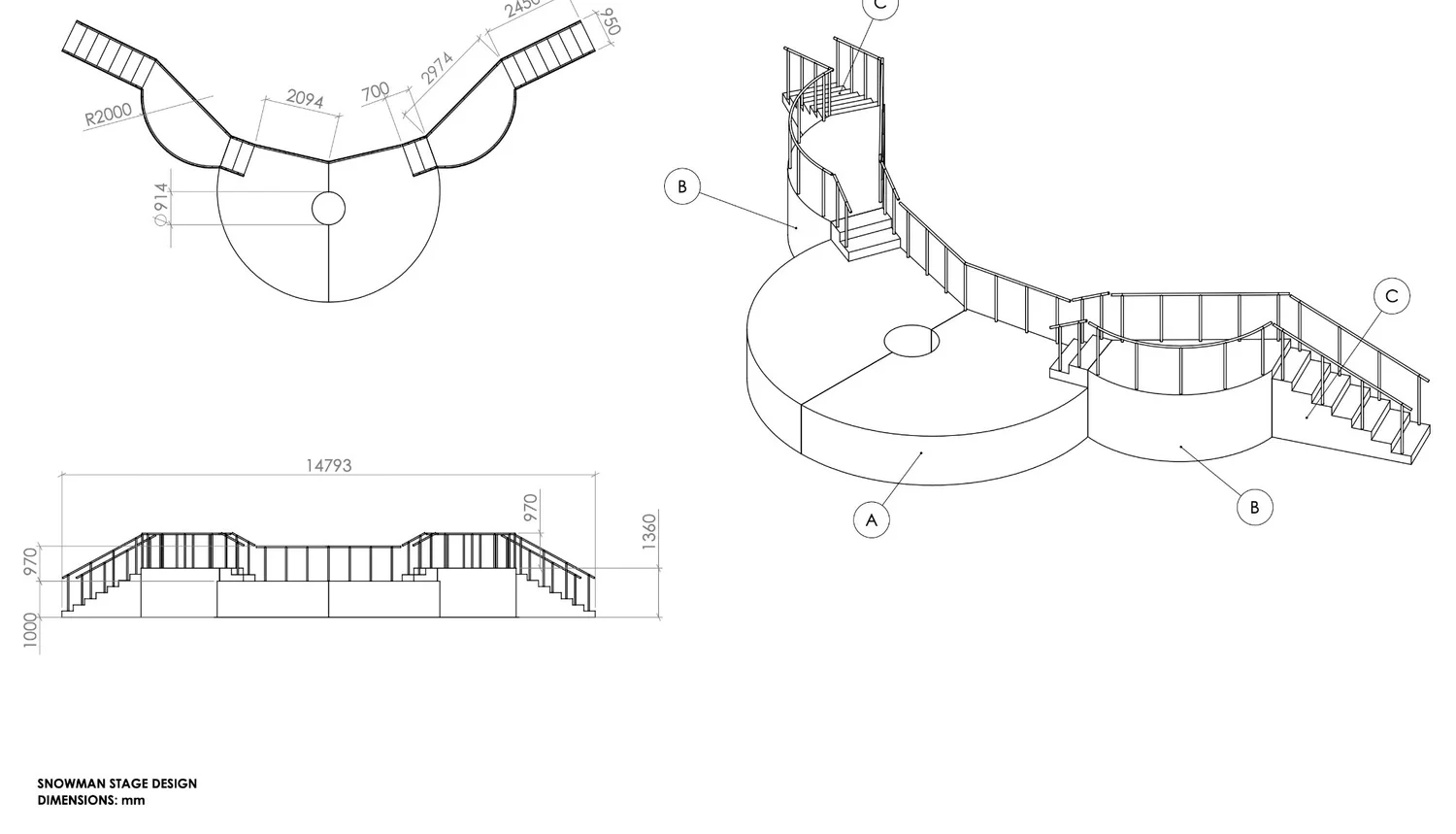 Technical elevation and perspective drawings of the multi-level Snowy Revue stage