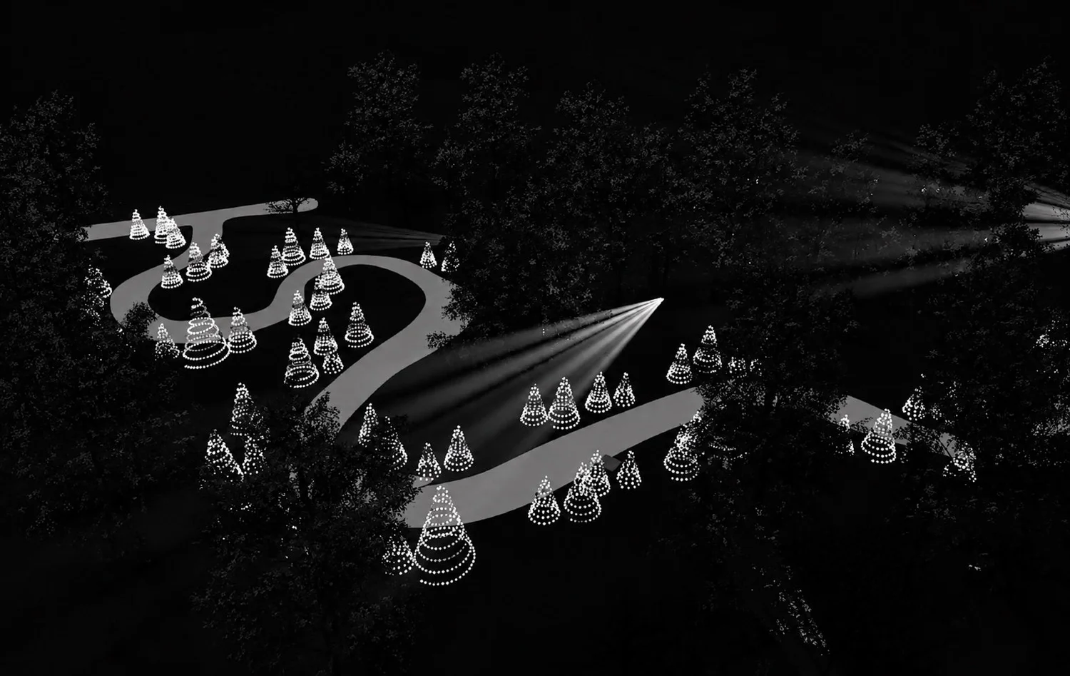 Aerial monochrome layout visualization showing illuminated trees positioned around the Tropical Stream Garden pathways