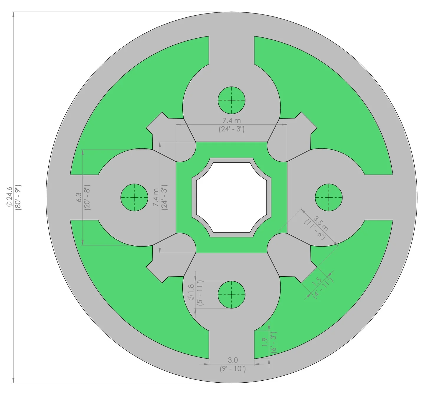 Circular stage footprint fitted precisely to the paved paths and planting beds of the Rose Garden