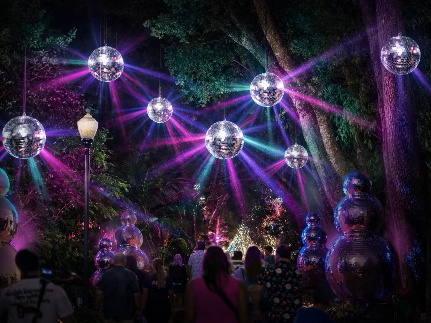 Radiant Disco, mirror balls hanging in the forest