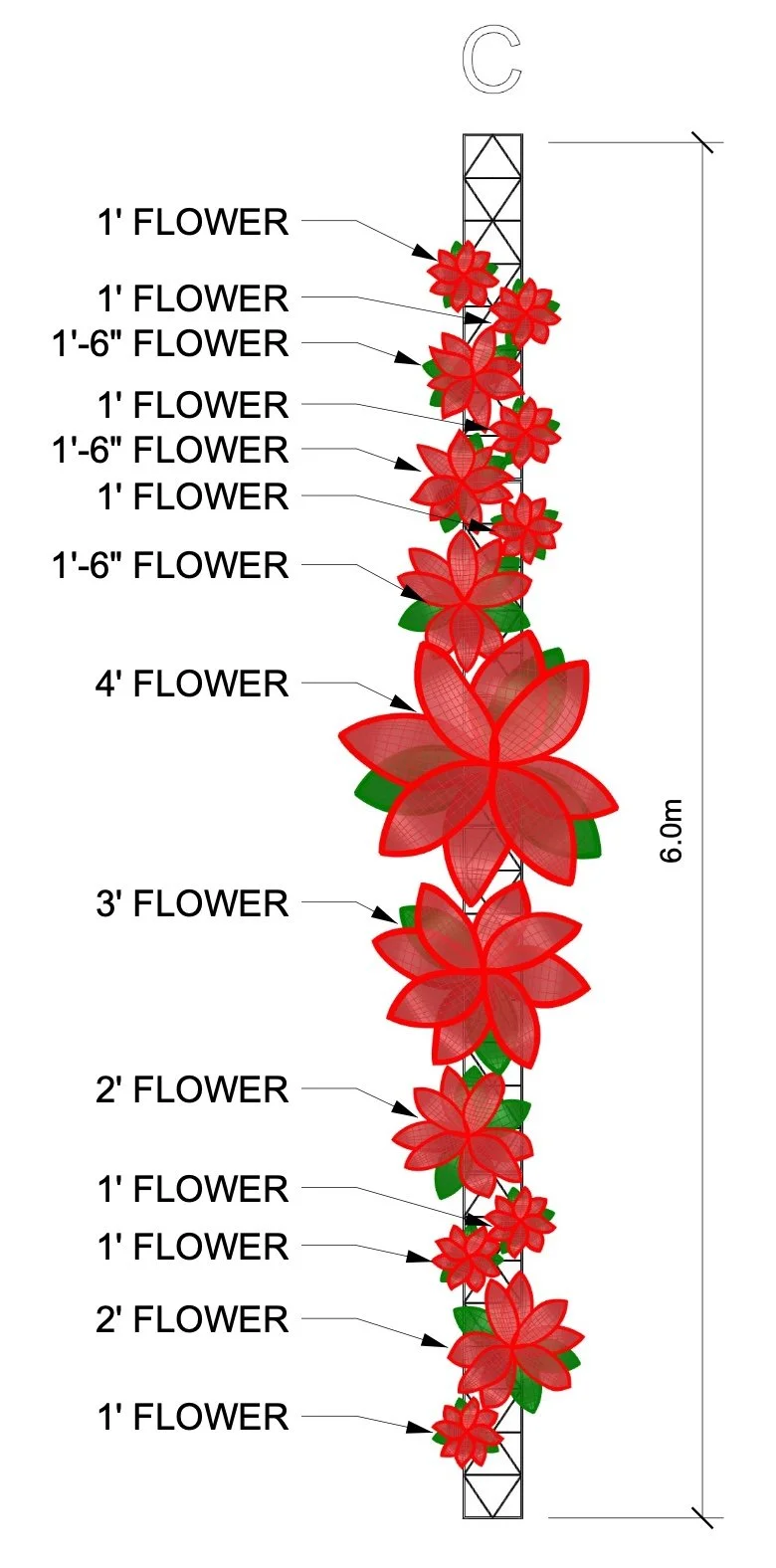 Full-height design showing illuminated poinsettias arranged along a promenade column