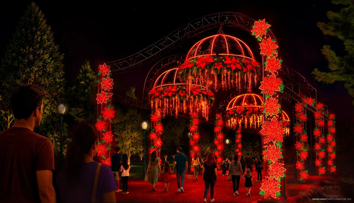 Artist concept of guests walking beneath illuminated poinsettia lamps and floral columns